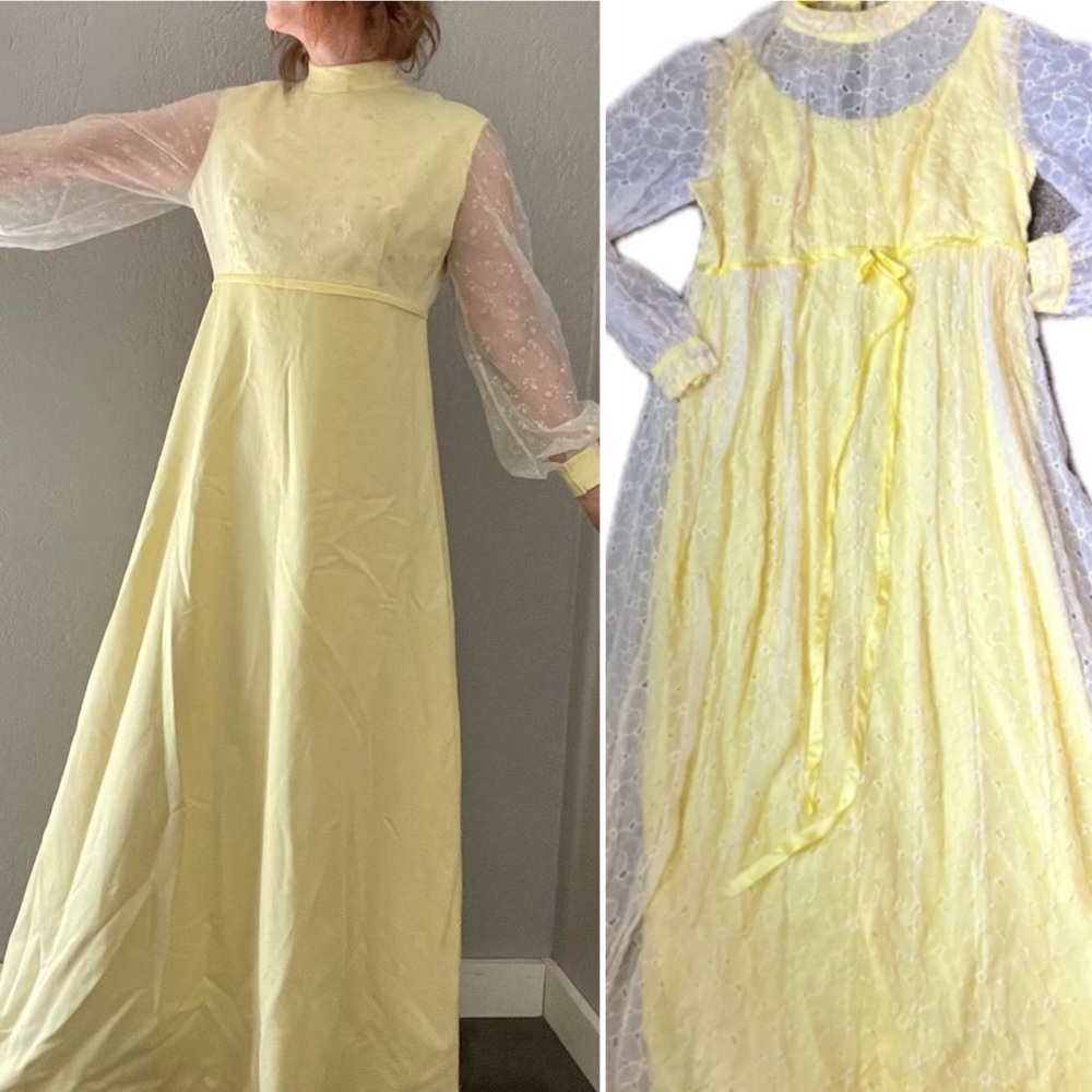Yellow 1960s OOAK Yellow Floral Lace Gown